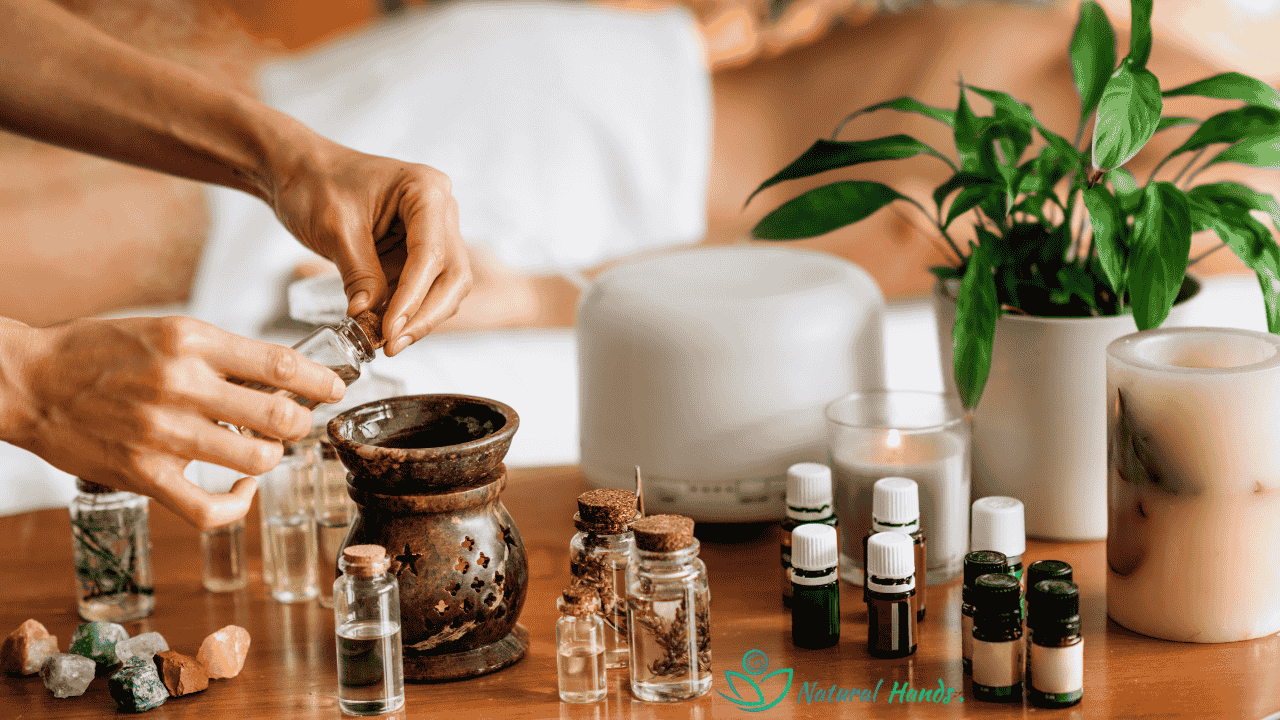 A therapist performing a gentle massage with essential oils to promote relaxation and well-being.